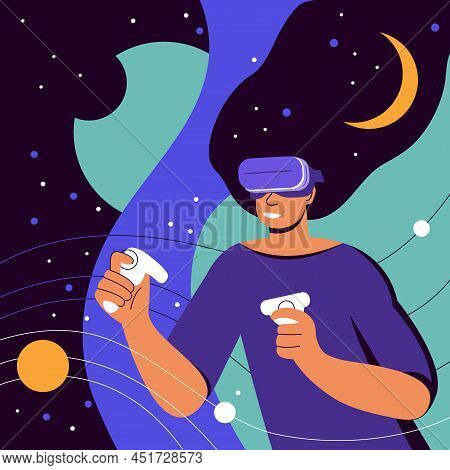 Metaverse Digital Virtual Reality Simulation. Woman In Vr Headset And Futuristic Glasses In Outer Sp