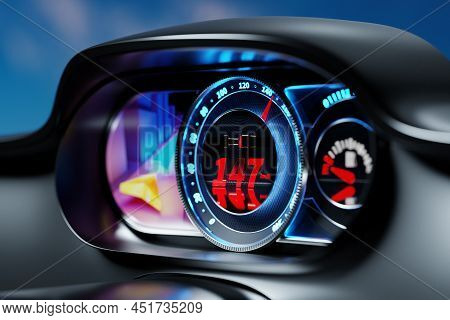 3d Illustration Of New Car Interior Details. The Speedometer Shows The Maximum Speed Of 147 Km H, Th