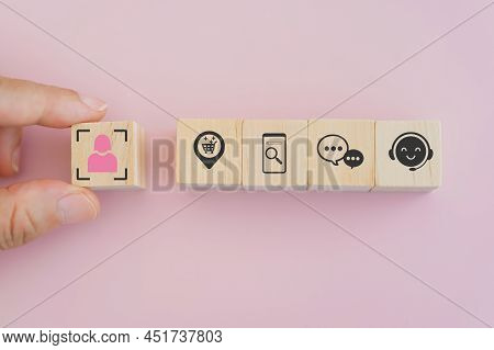 Hand Holds Wooden Cubes With Personalization Icon Standing With Customer Behaviors, Contexual Market