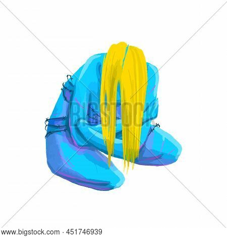 A Girl In The Colors Of The Ukrainian Flag Is Bound With Barbed Wire