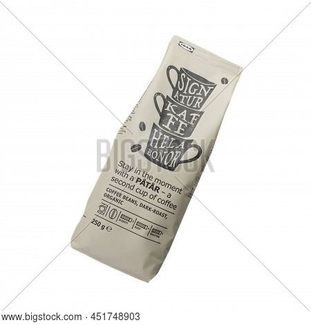 Pack Of Patar Coffee Beans From Ikea Is Isolated On A White Background. Medium-dark Coffee With Note