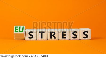 Eustress Or Stress Symbol. Turned The Wooden Cube And Changed The Concept Word Eustress To Stress. B