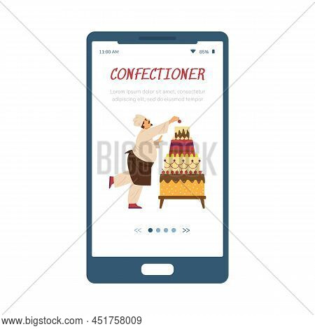 Confectionery Onboarding Screen With Pastry-cook, Flat Vector Illustration.
