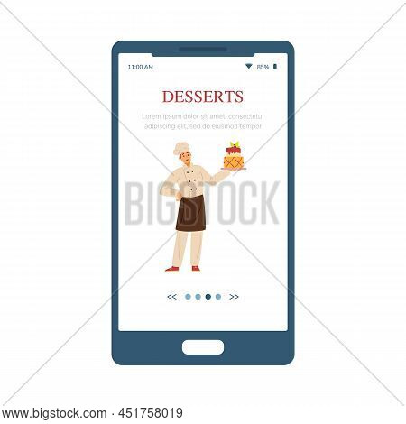 Desserts App Onboarding Screen With Pastry-cook, Flat Vector Illustration.