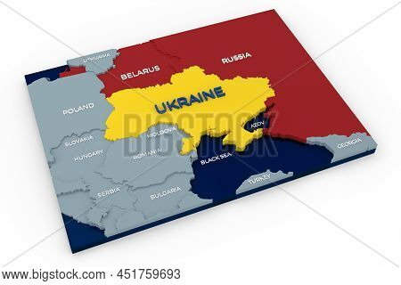 Stylich 3d Map Of Ukraine And Neighboring Countries With Agressive Countries Market With Red