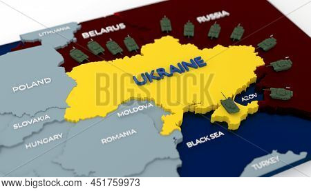 Stylich 3d Map Of Ukraine Surrounded By Tanks And Neighboring Countries