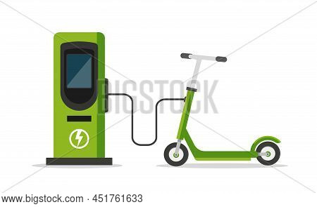 Electric Scooter And Battery Charger Isolated On White Background. Public Scooter Charging Station. 