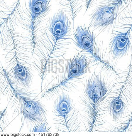 Beautiful Autotraced Vector Seamless Pattern With Watercolor Hand Drawn Blue Peacock Feathers. Stock