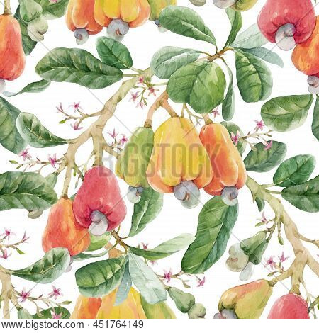 Beautiful Vector Seamless Pattern With Watercolor Hand Drawn Branches With Colorful Cashew Nuts Smal