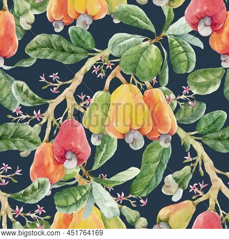 Beautiful Vector Seamless Pattern With Watercolor Hand Drawn Branches With Colorful Cashew Nuts Smal