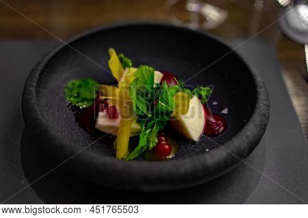 Goat Cheese With Salad And Red Currant Sauce Fine Dining Appetizer