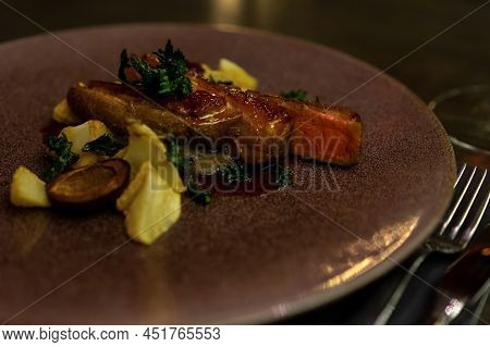 Glazed Roast Duck Filet Dinner In A Nice Restaurant