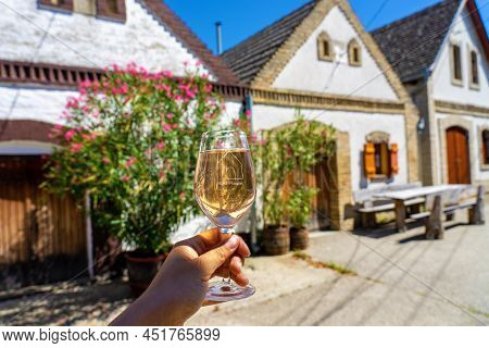 Hajos, Hungary - 08.21.2020: Drinking Rose Wine With Soda In Hajos Cellar Village On A Terrace With 