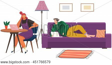Young Man And Woman Are Sitting On Couch At Home After Work. Daily Family Life, Common Rest, Spendin