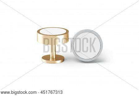 Blank Round Gold And Silver Cufflinks Stud Mockup, Front View, 3d Rendering. Empty Male Formal Sleev