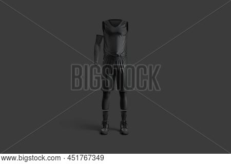 Blank Black Basketball Uniform Mockup, Dark Background, 3d Rendering, Empty Basketball Jersey For Pr