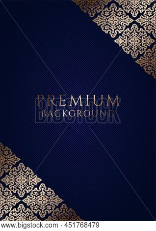 Premium Dark Blue Background With Ornamental Golden Corners And Centered Space For Text. Vector Illu