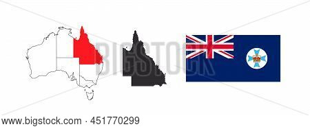 Queensland Map. Flag Of Queensland. States And Territories Of Australia. Vector Illustration