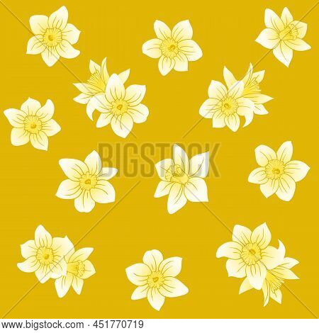 Seamless Pattern Of Daffodils Bloom Buds On Mustard Yellow Background. Hand Drawn Narcissus Flowers.