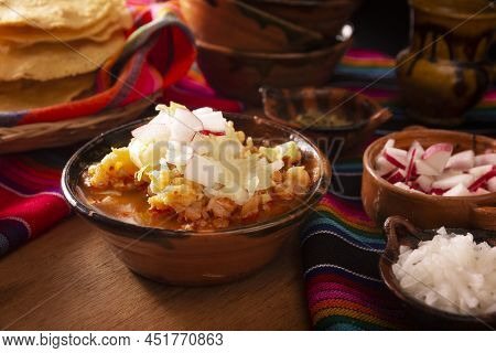 Pozole Rojo. Traditional Mexican Stew Very Popular In Mexico And Neighboring Countries. Made From Ca