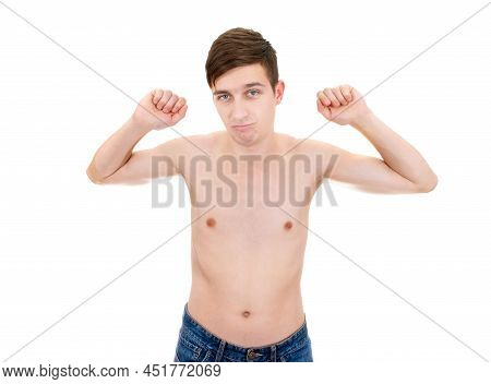 Weak Young Man Muscle Flexing Isolated On The White Background