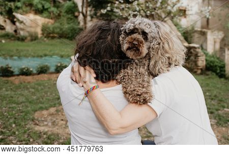 Backwards Lesbian Couple With Poodle Pet Dog Outdoors At Sunset
