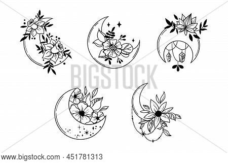 Mystical Boho Floral Moon Isolated Cliparts Bundle, Celestial Magic Moon Collection, Space Flowers A