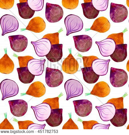 Hand-drawn Watercolor Onion Seamless Pattern. Bright Cute Kawaii Kidcore Style Illustration, Good Fo