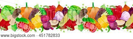 Hand-drawn Watercolor Vegetables Seamless Line Border Ornament. Ingredients Such As Carrot, Beetroot