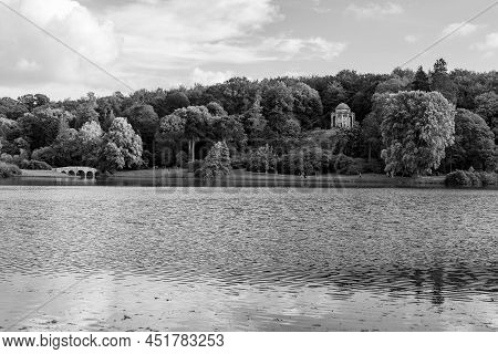 Black And White Photo Of The Lake At Stourhead House And Gardens In Wiltshire