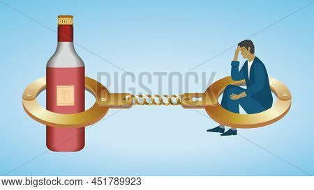 Man Handcuffed To Vine Bottle. Dimension 16:9. Vector Illustration.