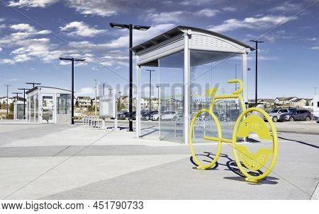 Airdrie Alberta Canada, March 24 2022: A Public Transit Bus Terminal And Bus Shelters For Urban Comm