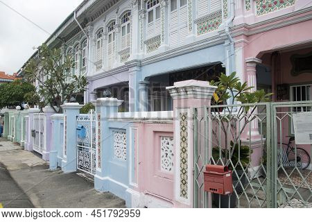 Singapore- Mar 26, 2020: Colorful Peranakan Heritage Residential House At Joo Chiat Road In Singapor