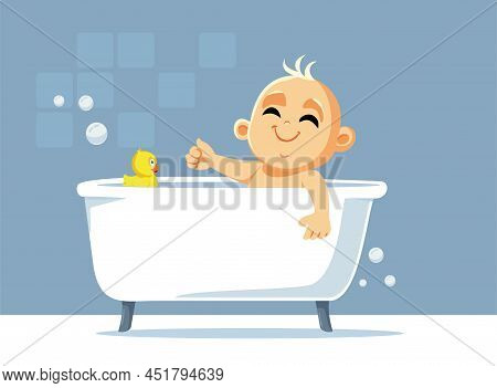 Baby Talking A Bath With Rubber A Duck Vector Cartoon Illustration