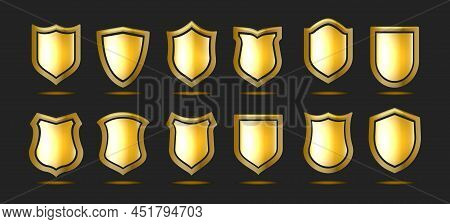 Golden Award Shields. Gold Iron Shield Badges For Protection Guard Security Award Emblems, Isolated 