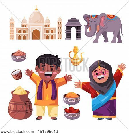 India Set Collection Of Object Boy Kids Girl Wearing Indian Tradional Clothing Elements Tourism Grap