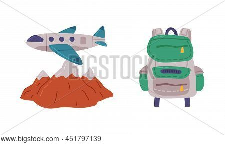 Passenger Airplane And Backback. Summer Vacation Objects Cartoon Vector Illustration