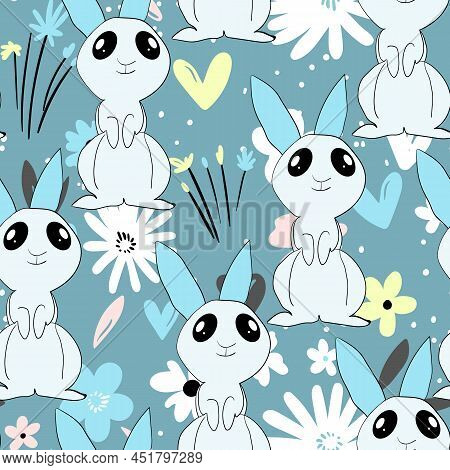 Seamless Pattern With Silhouette Easter Rabbits On Color Background. Design For Card, Postcard, Wall