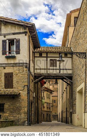 Stone House Facades In Pamplona Spain, Town Famous For Bull Running