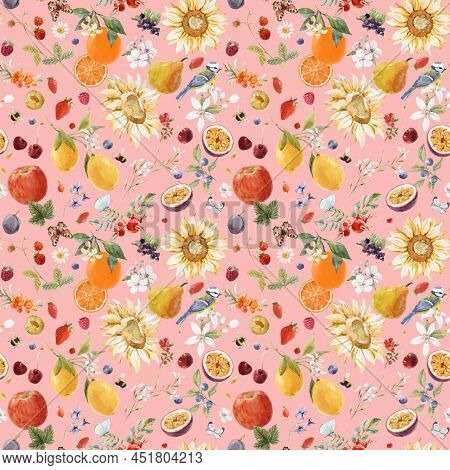 Beautiful Vector Autotraced Seamless Summer Pattern With Watercolor Flowers And Lemon Pear Orange Ma