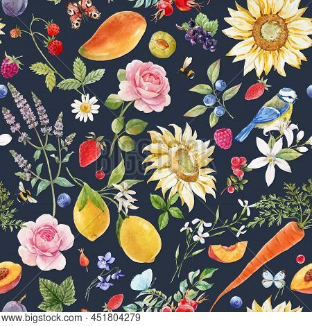 Beautiful Vector Autotraced Seamless Summer Pattern With Watercolor Flowers And Lemon Pear Orange Ma