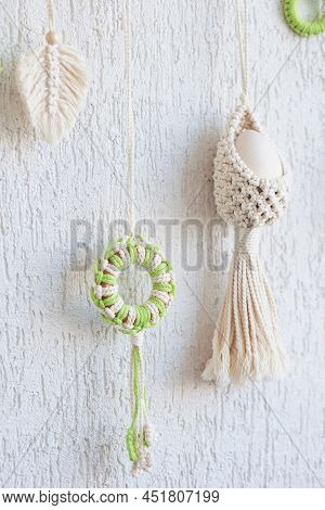 Macrame Flower Accessory. Easter Time. Spring Easter Walhanging Decor On Wooden Stick.