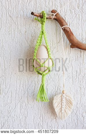 Macrame Flower Accessory. Easter Time. Spring Easter Walhanging Decor On Wooden Stick.