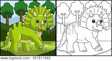 This Coloring Page Shows A Triceratops Dinosaur. One Side Of This Illustration Is Colored And Serves