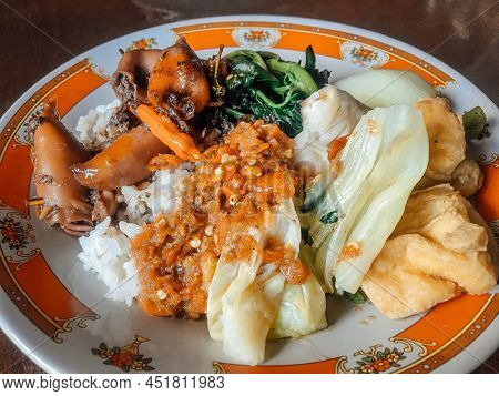 Nasi Tempong Or Sego Tempong, Traditional Spicy Culinary Food Of Banyuwangi, East Java, Indonesia.