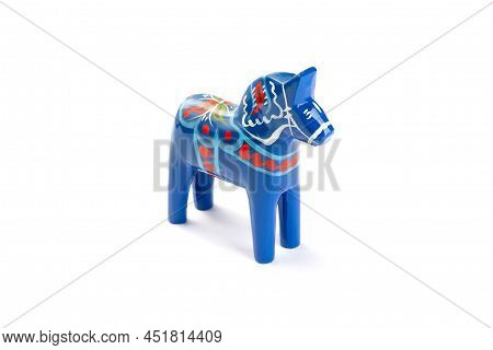Swedish Traditional Souvenir Wooden Dala Or Dalecarlian Horse, Hand Craft Made And Painted, Blue Col