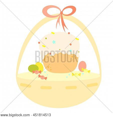Easter Bun With Pink Icing And Colored Dragees In A Basket. Easter Basket.