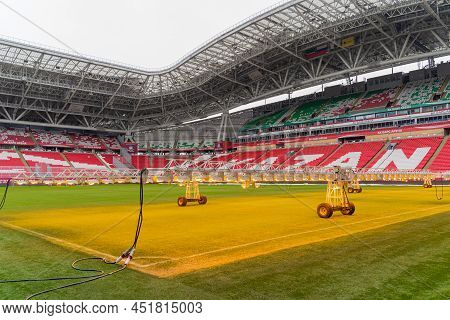 Kazan, Russia. 2022 March 28. Assimilation Lighting In Soccer Stadium. Lighting Assimilation Off Gra
