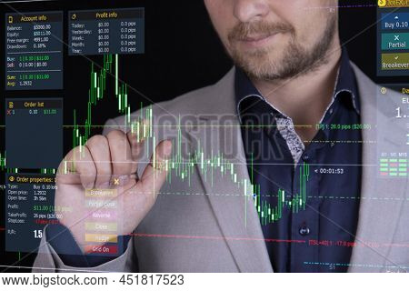 Businessman, Broker Analyzing Stock Market Changes, Falling And Rising Numbers And Lines On The Char