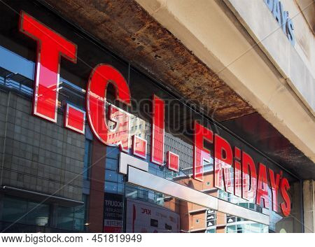 Manchester, United Kingdom - 24 March 2022: Sign On The Window Of A Tgi Fridays Restaurant In Manche